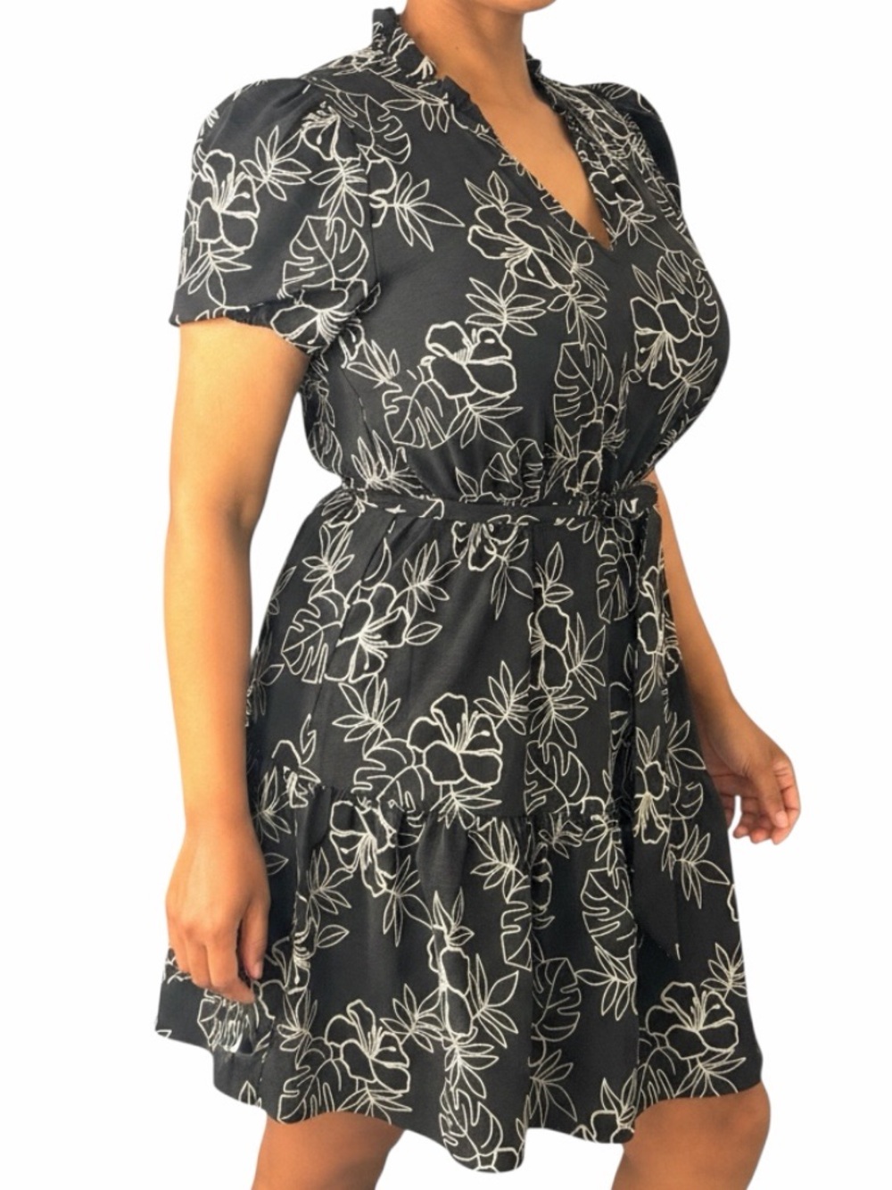 Anne Klein Black Ivory Floral Belted Fit & Flare Dress Size 10 NWT